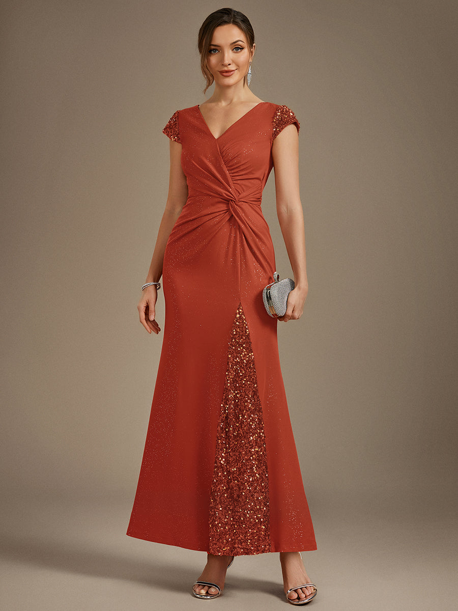 Knit Knotted Cap Sleeve Maxi Glitter Evening Dress — Burnt Orange