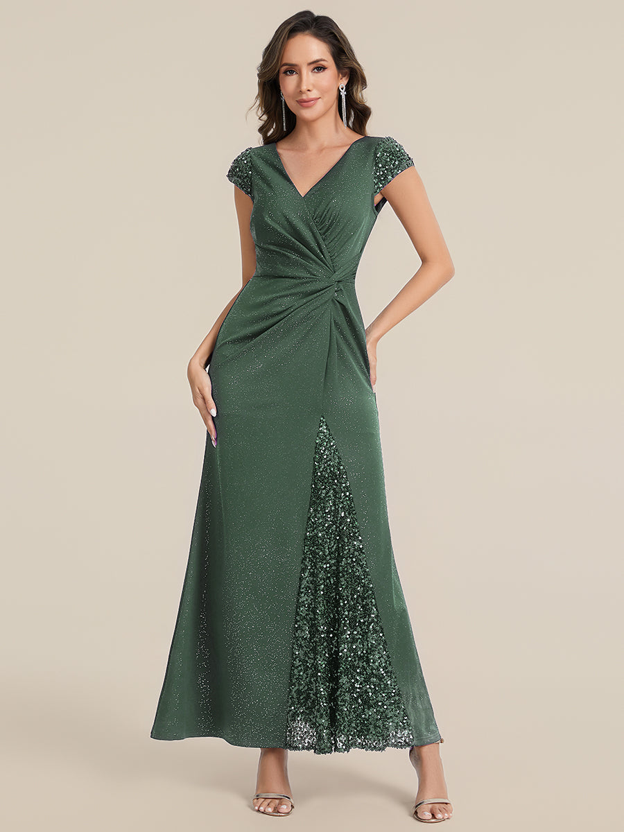 Knit Knotted Cap Sleeve Maxi Glitter Evening Dress — Eucalyptus