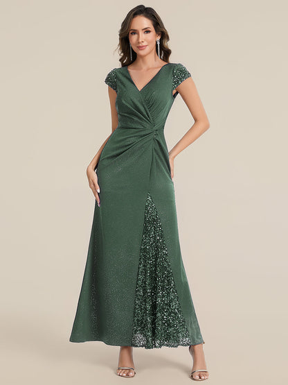 Knit Knotted Cap Sleeve Maxi Glitter Evening Dress — Eucalyptus