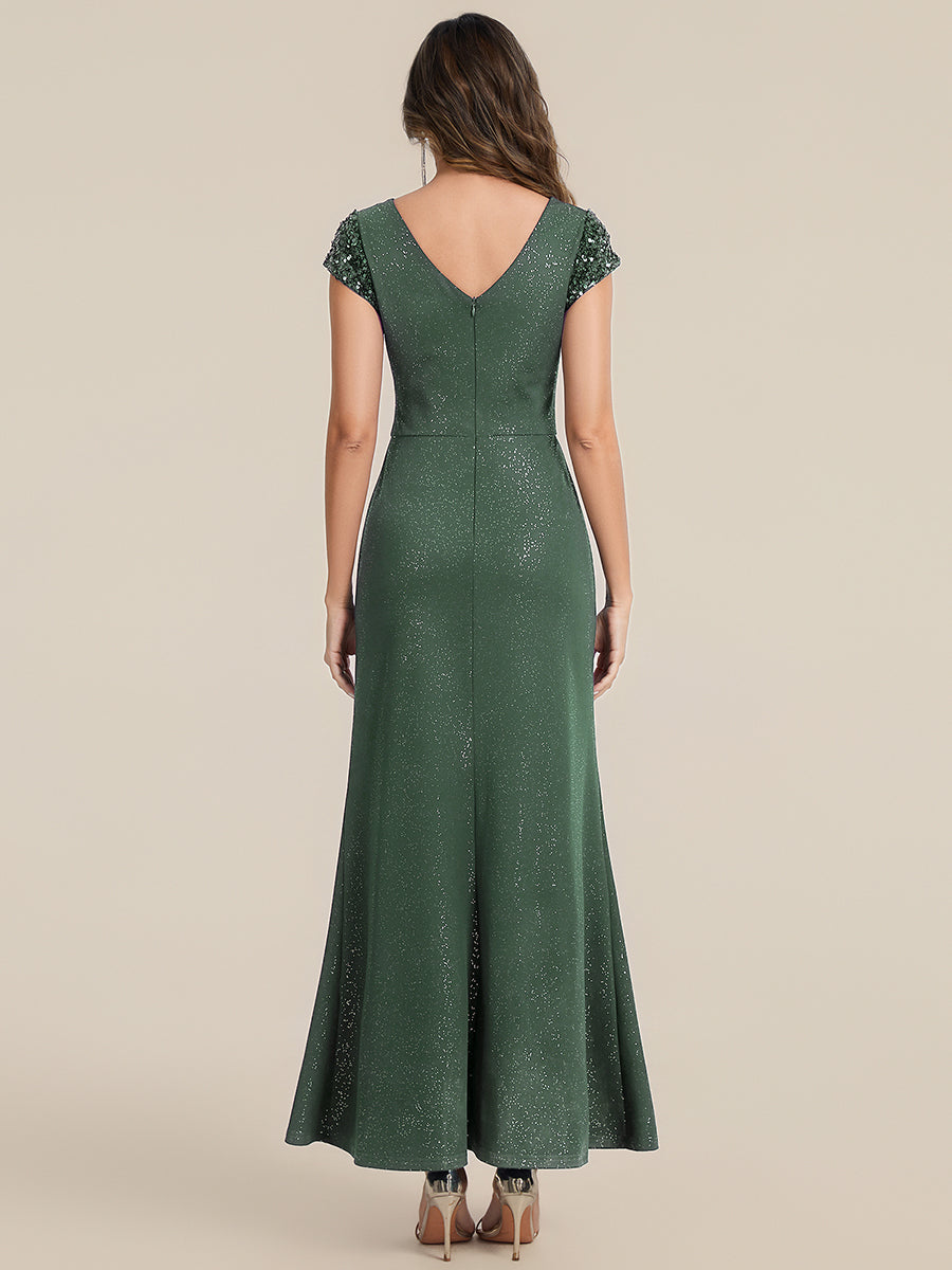 Knit Knotted Cap Sleeve Maxi Glitter Evening Dress