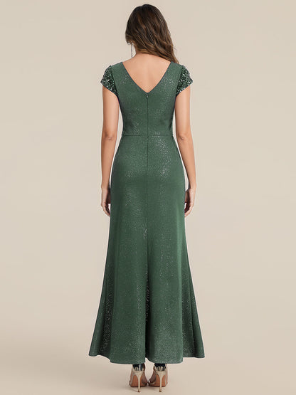 Knit Knotted Cap Sleeve Maxi Glitter Evening Dress