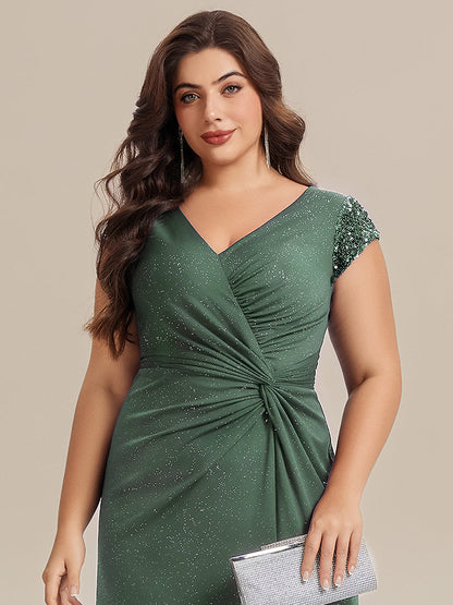 Knit Knotted Cap Sleeve Maxi Glitter Evening Dress