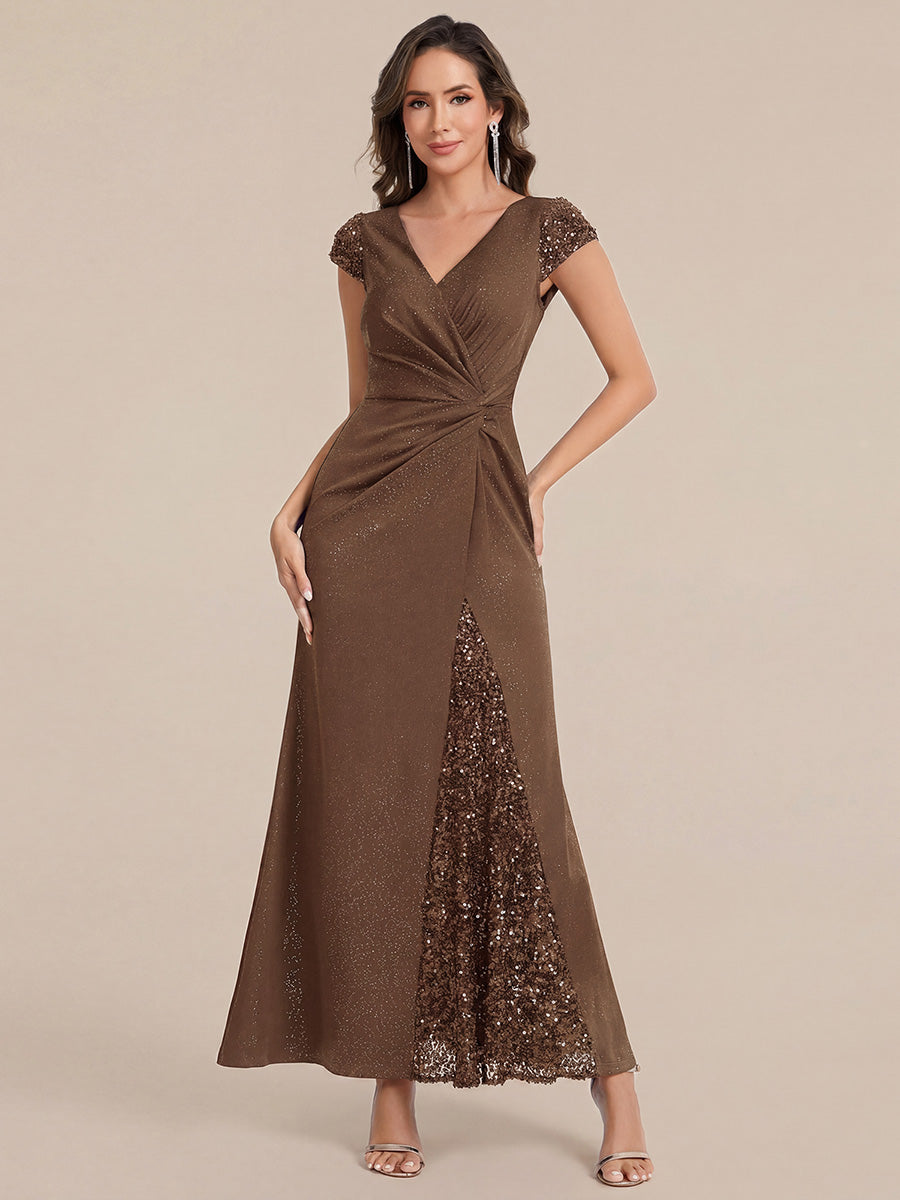 Knit Knotted Cap Sleeve Maxi Glitter Evening Dress