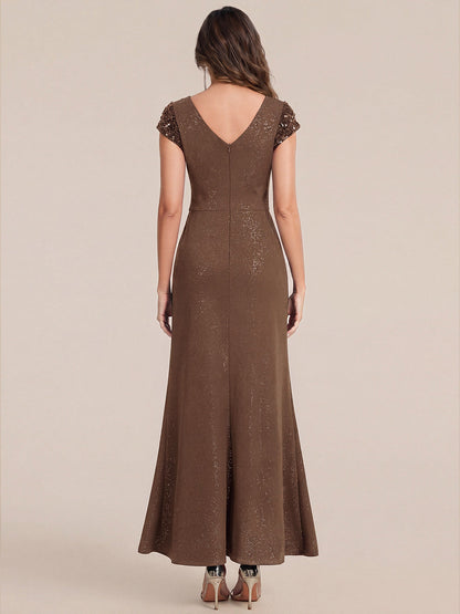 Knit Knotted Cap Sleeve Maxi Glitter Evening Dress