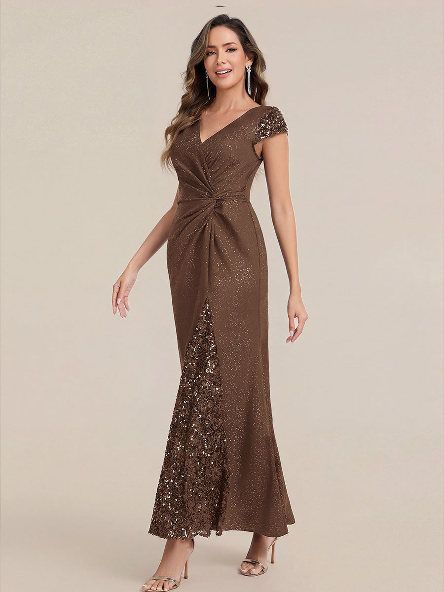 Knit Knotted Cap Sleeve Maxi Glitter Evening Dress