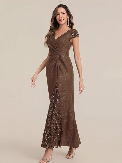 Knit Knotted Cap Sleeve Maxi Glitter Evening Dress