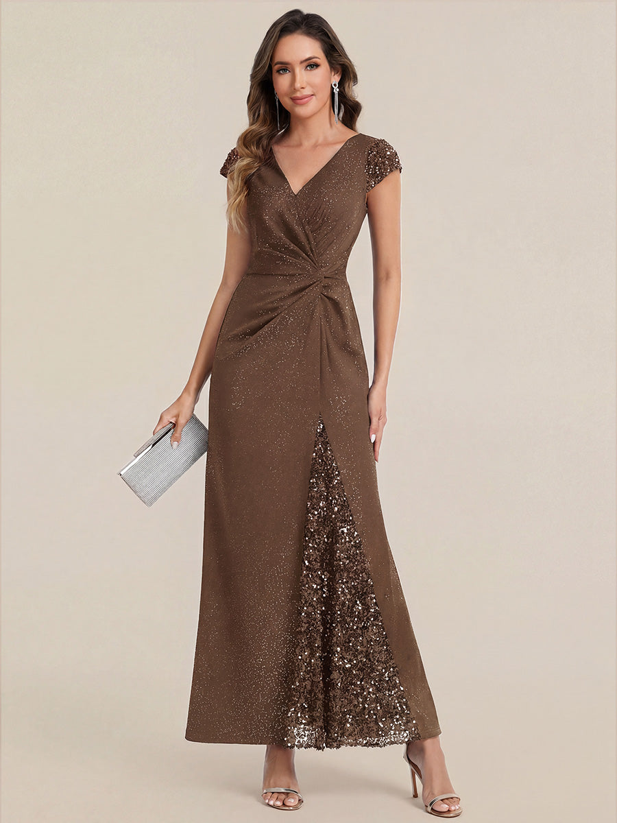 Knit Knotted Cap Sleeve Maxi Glitter Evening Dress