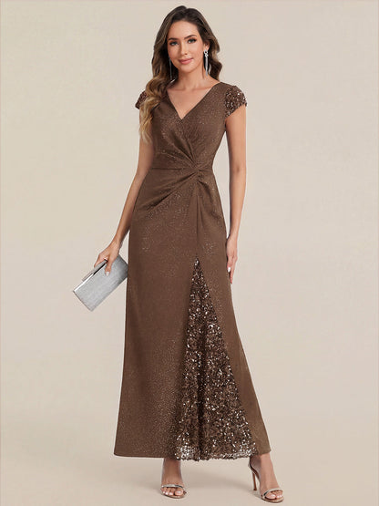 Knit Knotted Cap Sleeve Maxi Glitter Evening Dress