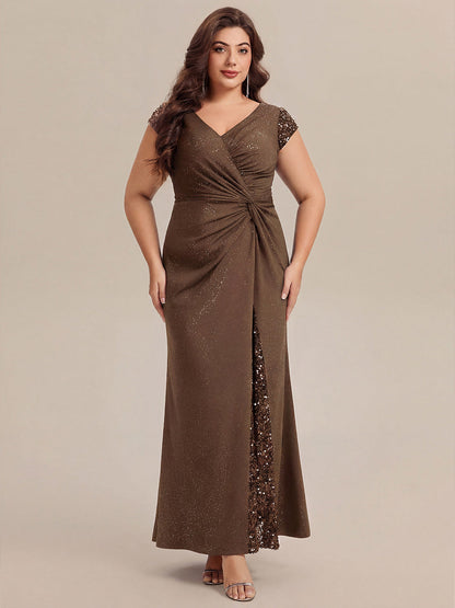 Knit Knotted Cap Sleeve Maxi Glitter Evening Dress
