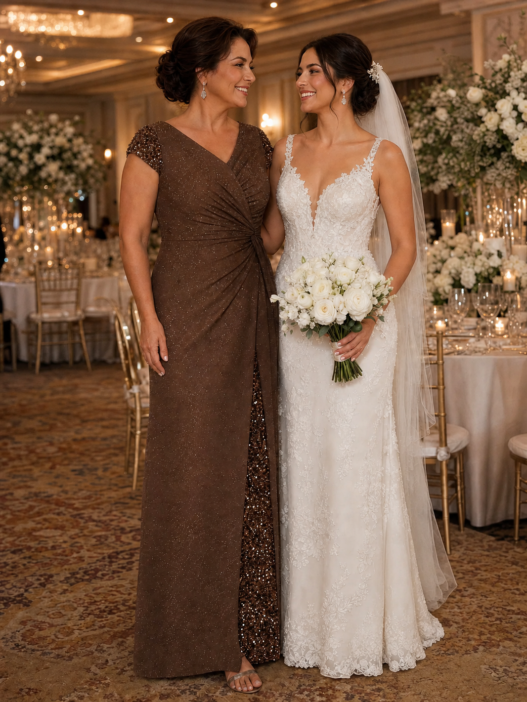 Knit Knotted Cap Sleeve Maxi Glitter Evening Dress — Coffee