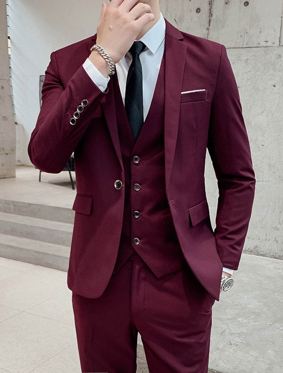 Kane | Single Breasted Two-buttons 3 Pieces Suit — Burgundy — Alfa Empire, view 1