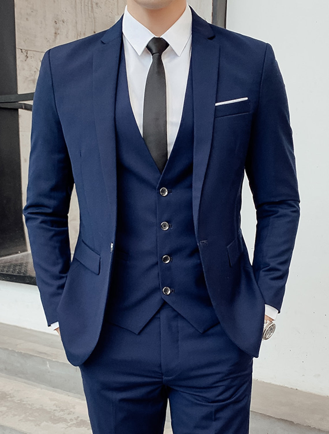 Kane | Single Breasted Two-buttons 3 Pieces Suit — Navy Blue — Alfa Empire, view 4