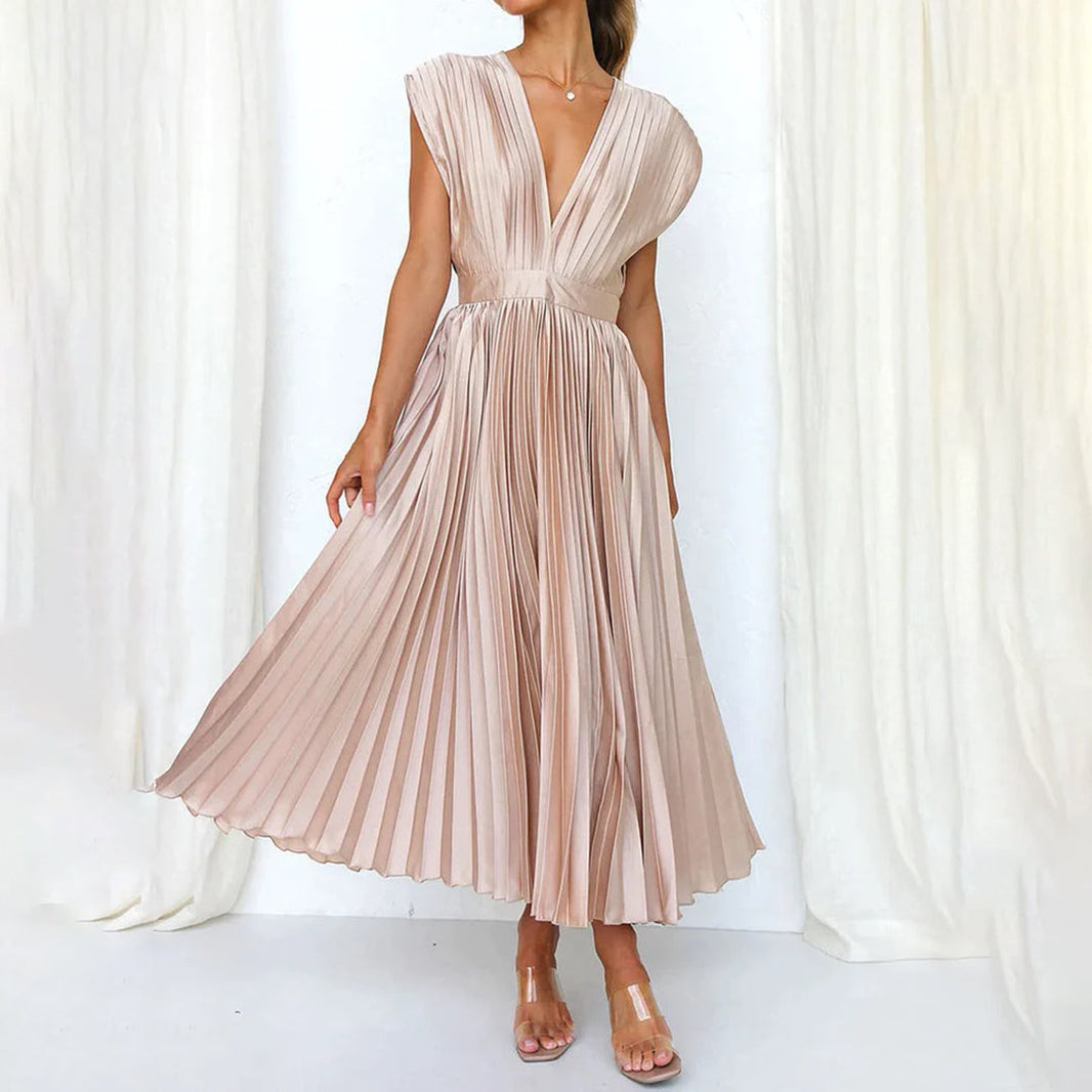 Kimberley | Modern Sleeveless V-Neck Dress — Champagne — Alfa Empire, view 1