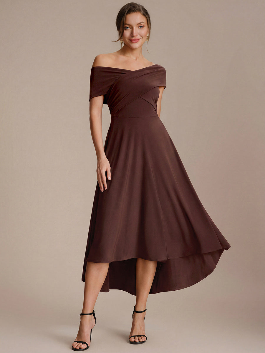 Knit Off-the-shoulder Sleeve A-Line Wedding Guest Dress — Chocolate Brown