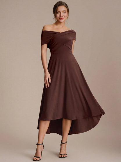 Knit Off-the-shoulder Sleeve A-Line Wedding Guest Dress — Chocolate Brown