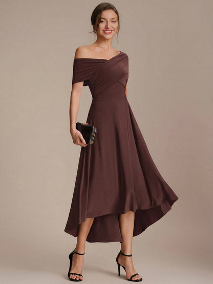 Knit Off-the-shoulder Sleeve A-Line Wedding Guest Dress