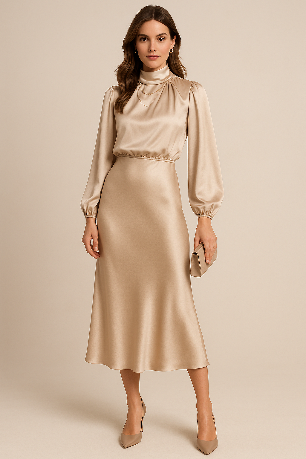 Krista | Refined Long-Sleeve Satin Evening Dress — Alfa Empire, view 1