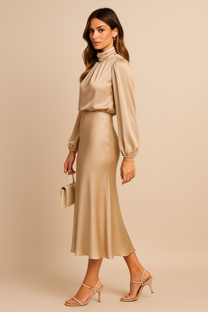 Krista | Refined Long-Sleeve Satin Evening Dress — Alfa Empire, view 2