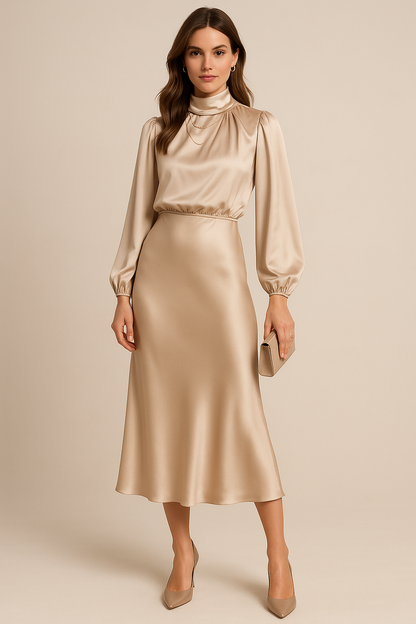Krista | Refined Long-Sleeve Satin Evening Dress — Apricot — Alfa Empire, view 10