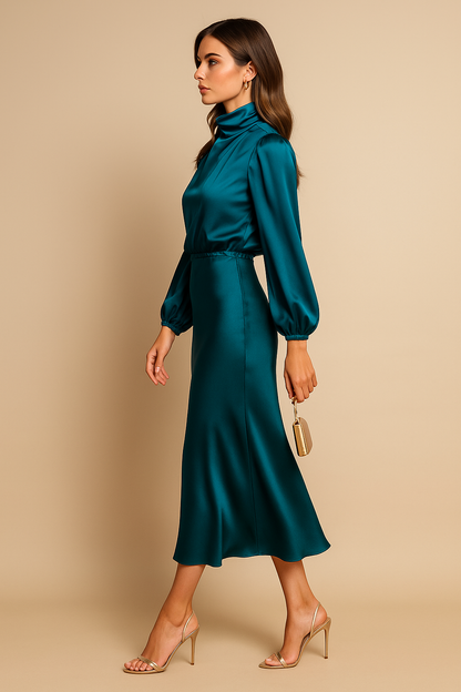 Krista | Refined Long-Sleeve Satin Evening Dress — Blue — Alfa Empire, view 14