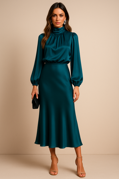 Krista | Refined Long-Sleeve Satin Evening Dress — Alfa Empire, view 15