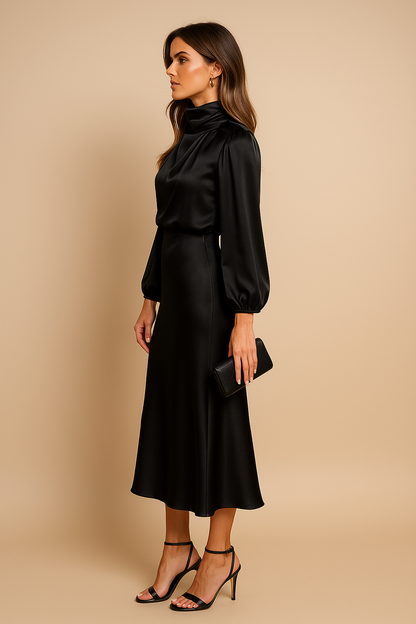 Krista | Refined Long-Sleeve Satin Evening Dress — Alfa Empire, view 22
