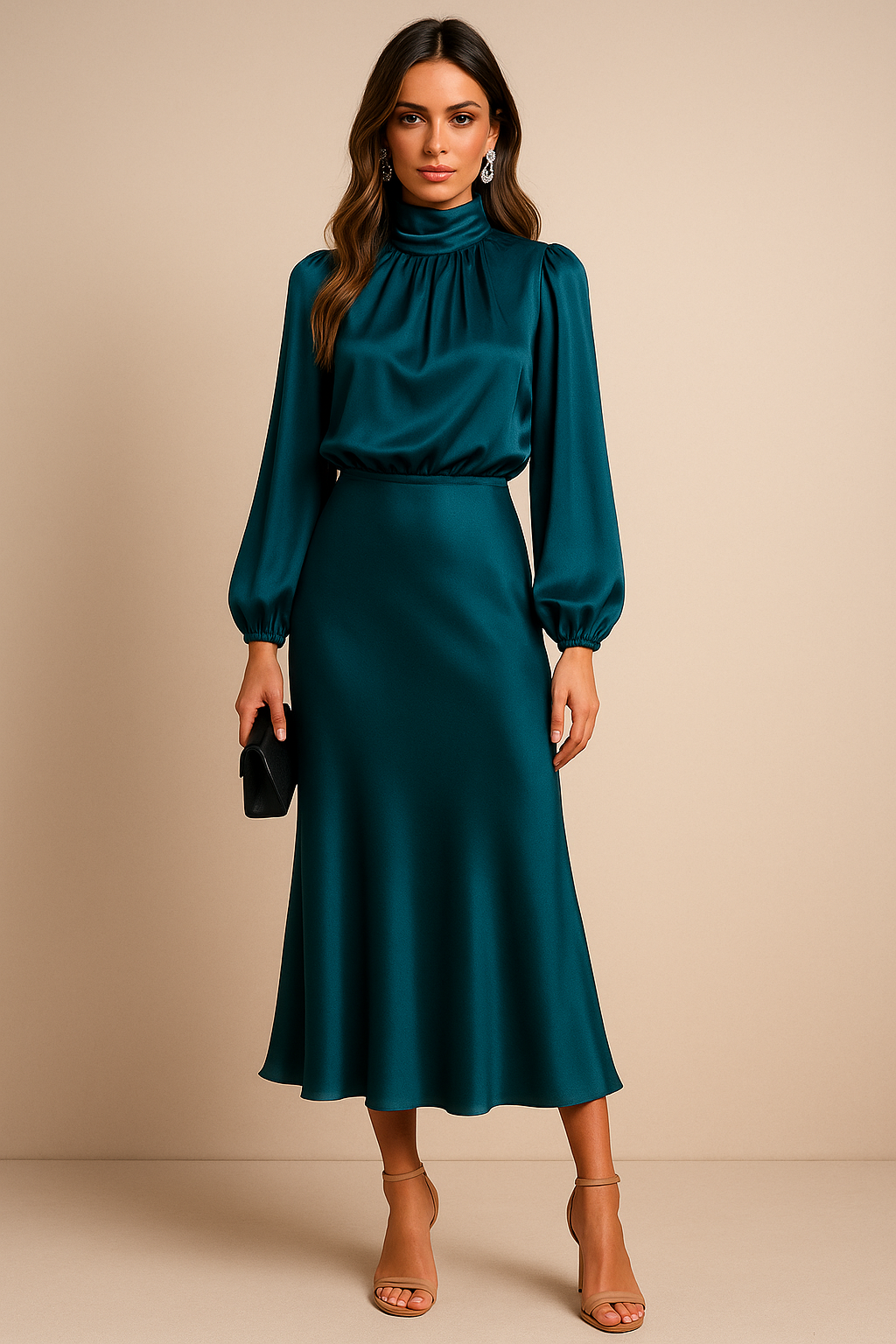 Krista | Refined Long-Sleeve Satin Evening Dress — Alfa Empire, view 24