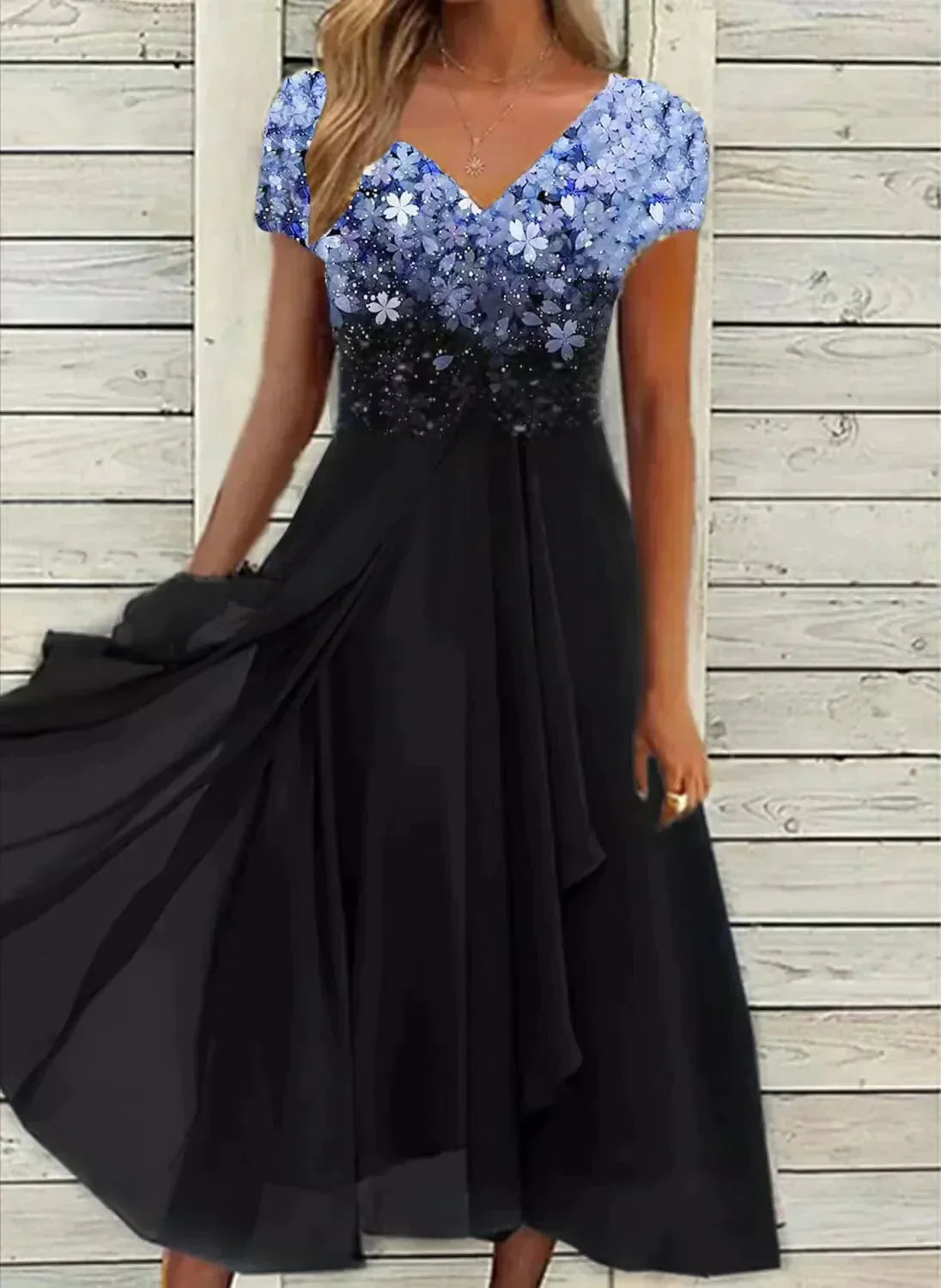 Lavinia | Floral Wedding Evening Dress — Blue Black — Alfa Empire, view 1