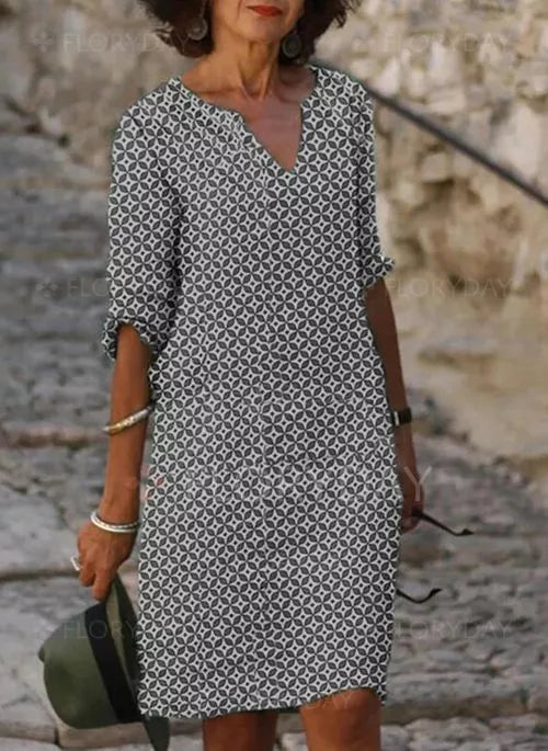 Lavinia | Vintage Split-Neck Summer Dress — Gray — Alfa Empire, view 2