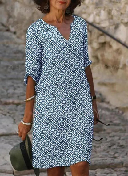 Lavinia | Vintage Split-Neck Summer Dress — Blue — Alfa Empire, view 3