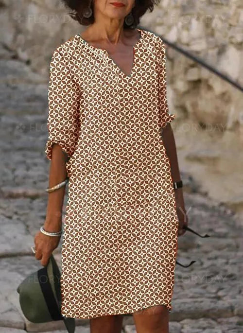 Lavinia | Vintage Split-Neck Summer Dress — Brown — Alfa Empire, view 4