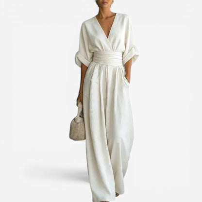 Layla | Refined Wide Sleeve V-Neck Jumpsuit — White — Alfa Empire, view 2