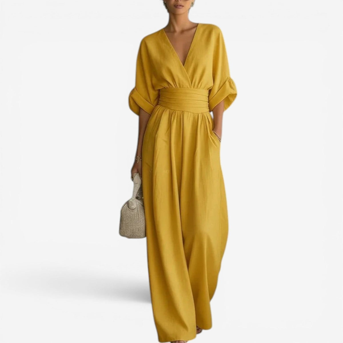Layla | Refined Wide Sleeve V-Neck Jumpsuit — Yellow — Alfa Empire, view 3
