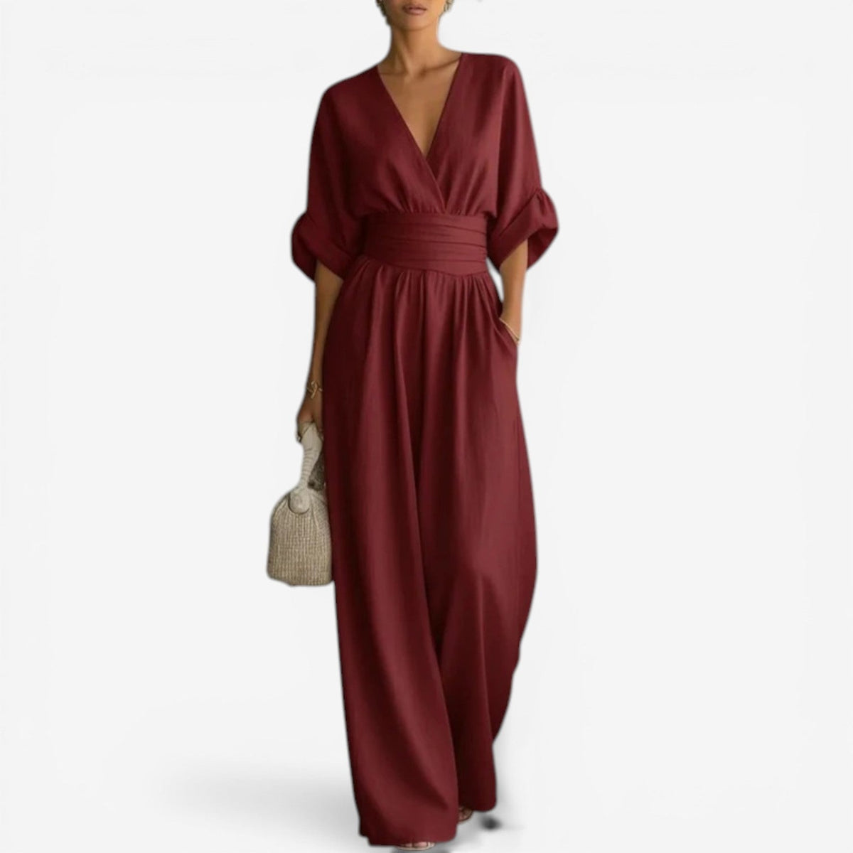 Layla | Refined Wide Sleeve V-Neck Jumpsuit — Claret — Alfa Empire, view 4
