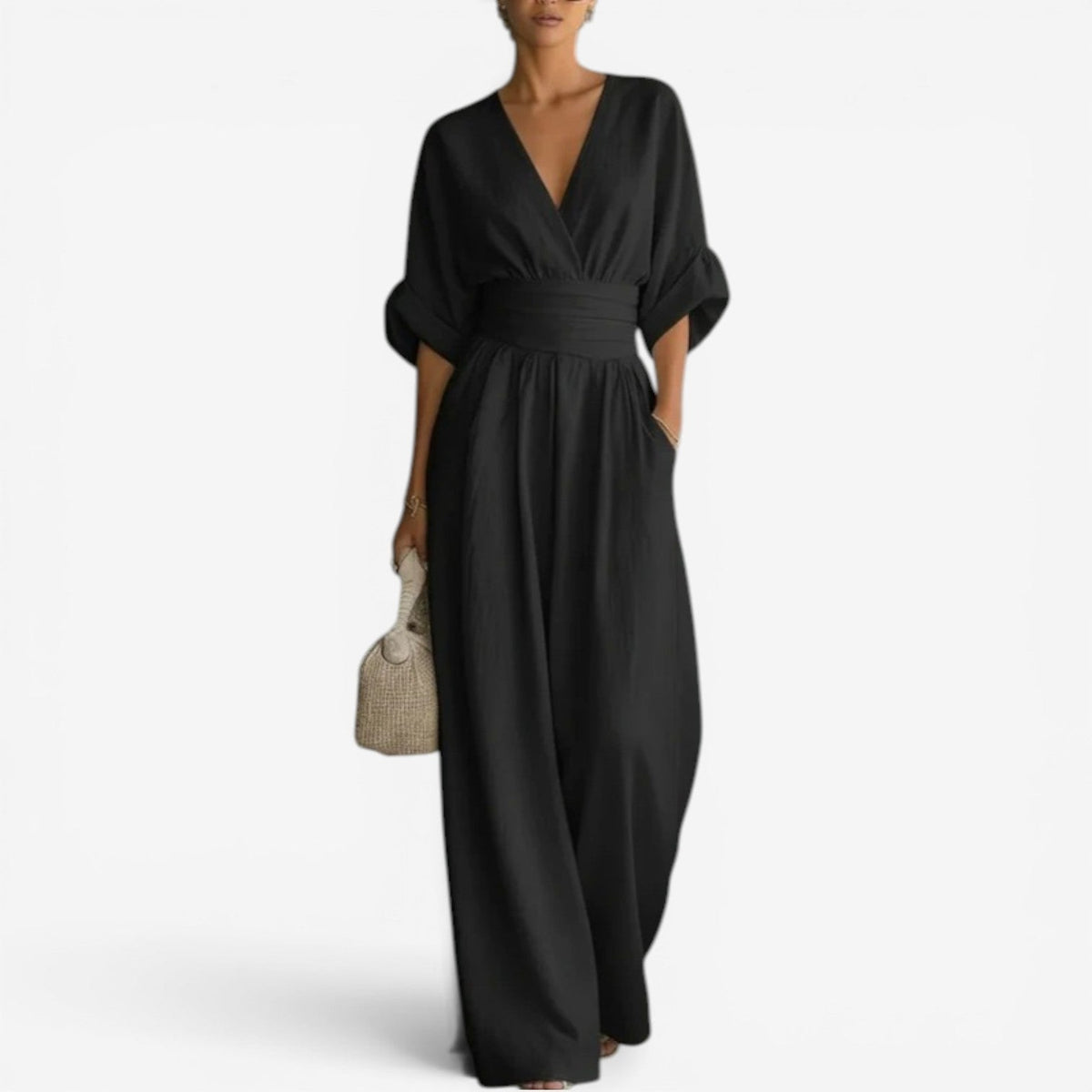 Layla | Refined Wide Sleeve V-Neck Jumpsuit — Black — Alfa Empire, view 5