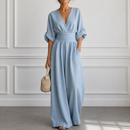 Layla | Refined Wide Sleeve V-Neck Jumpsuit — Light blue — Alfa Empire, view 6