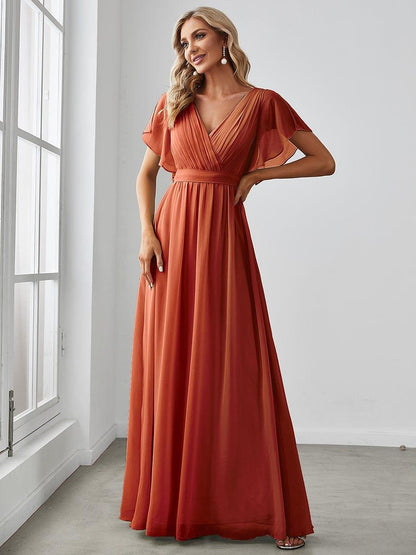 Chiffon A-Line Pleated Tie-Waist Wedding Guest Dress — Burnt Orange