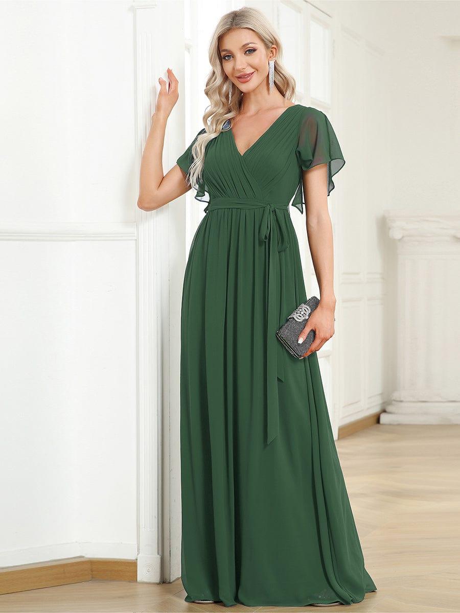 Chiffon A-Line Pleated Tie-Waist Wedding Guest Dress — Eucalyptus
