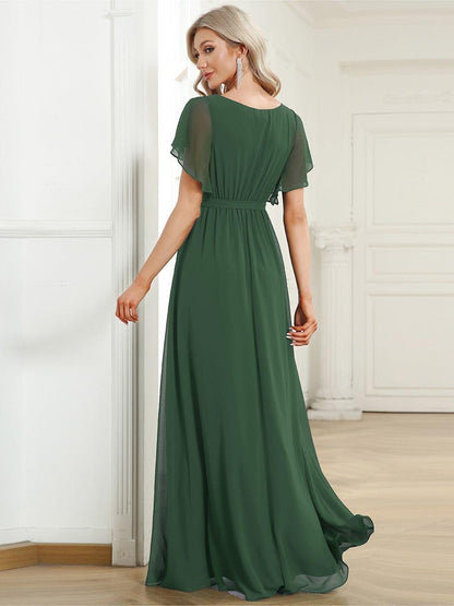Chiffon A-Line Pleated Tie-Waist Wedding Guest Dress