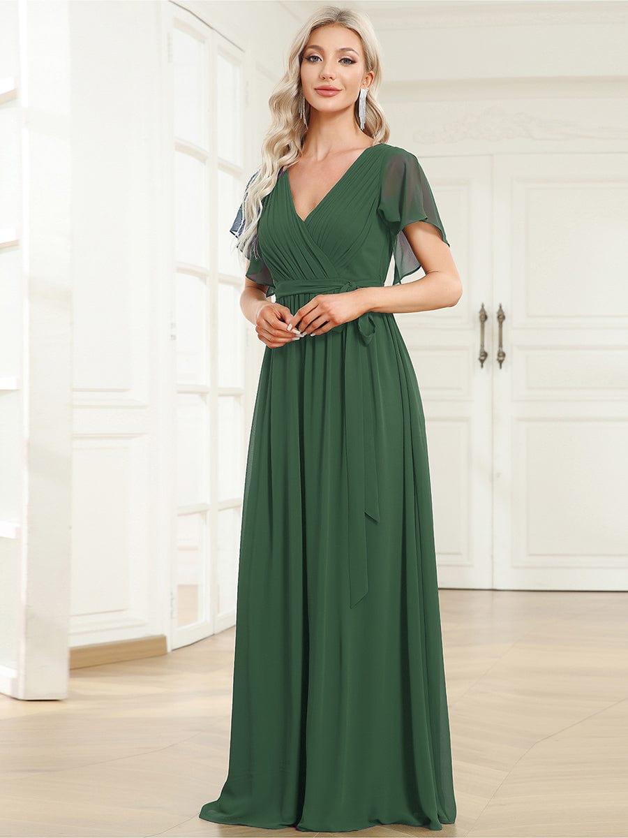 Chiffon A-Line Pleated Tie-Waist Wedding Guest Dress