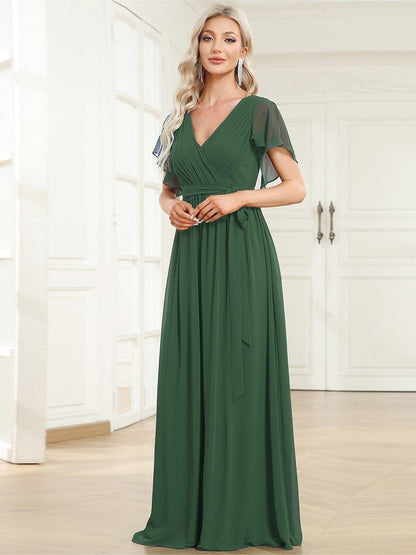 Chiffon A-Line Pleated Tie-Waist Wedding Guest Dress