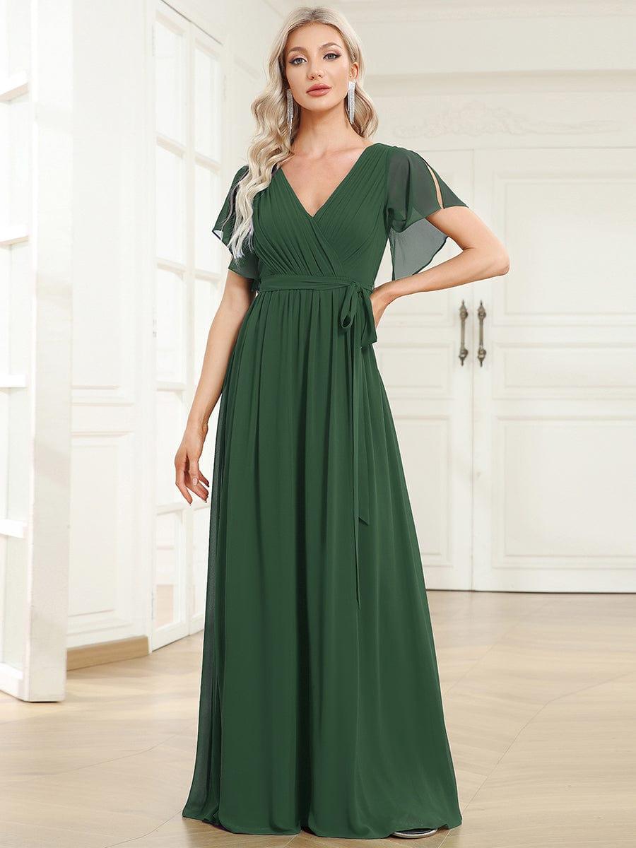 Chiffon A-Line Pleated Tie-Waist Wedding Guest Dress