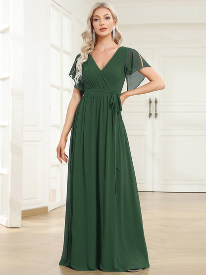 Chiffon A-Line Pleated Tie-Waist Wedding Guest Dress