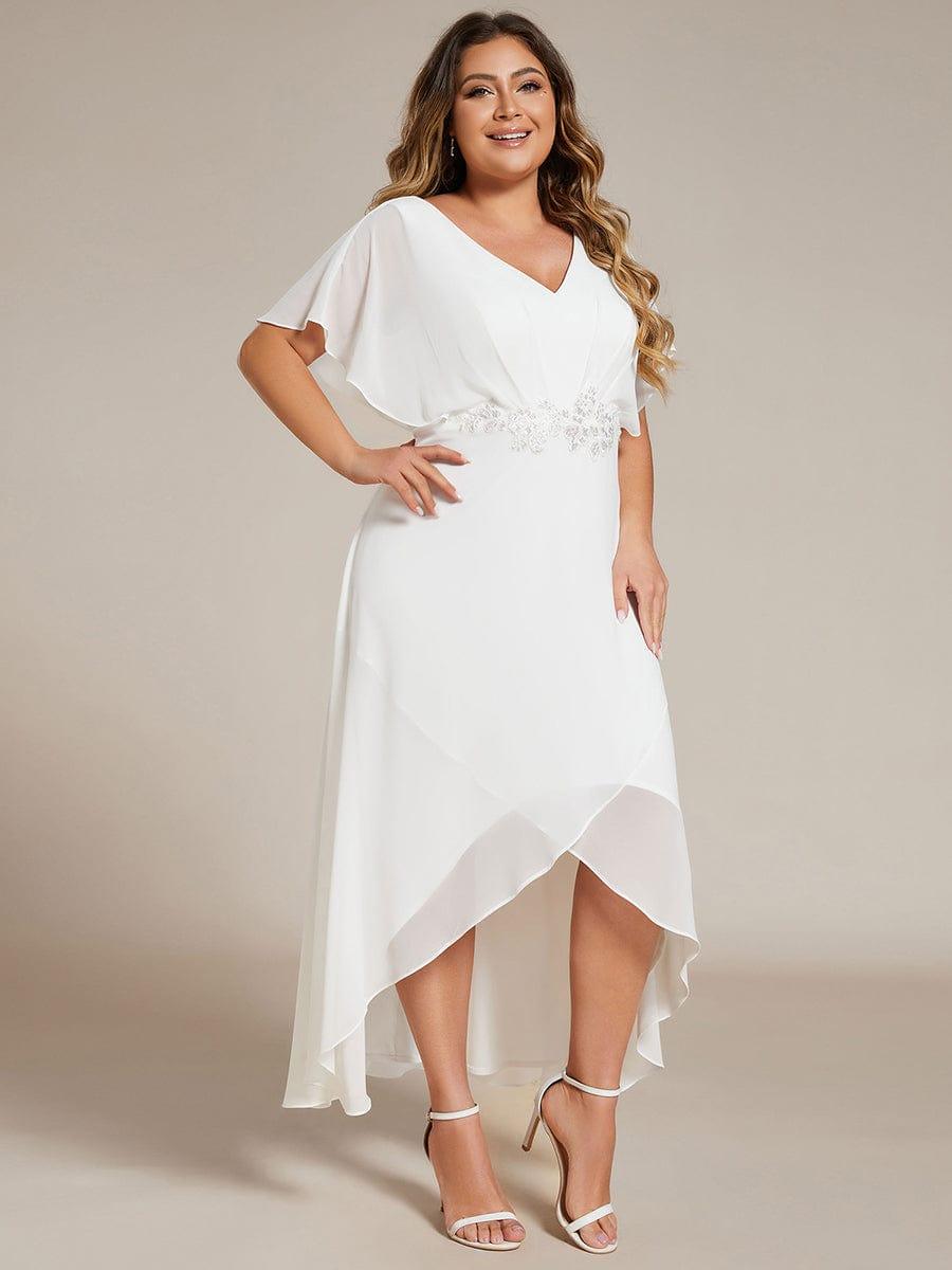 Plus Size Chiffon V-Neck Bat-Wing Sleeve A-Line Waist Applique Formal Dress — White