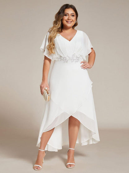 Plus Size Chiffon V-Neck Bat-Wing Sleeve A-Line Waist Applique Formal Dress