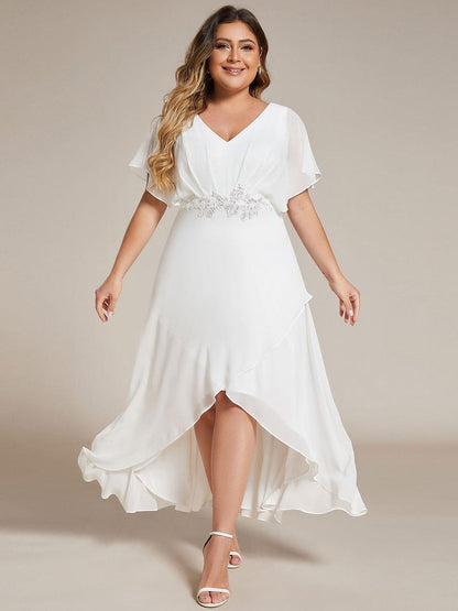Plus Size Chiffon V-Neck Bat-Wing Sleeve A-Line Waist Applique Formal Dress