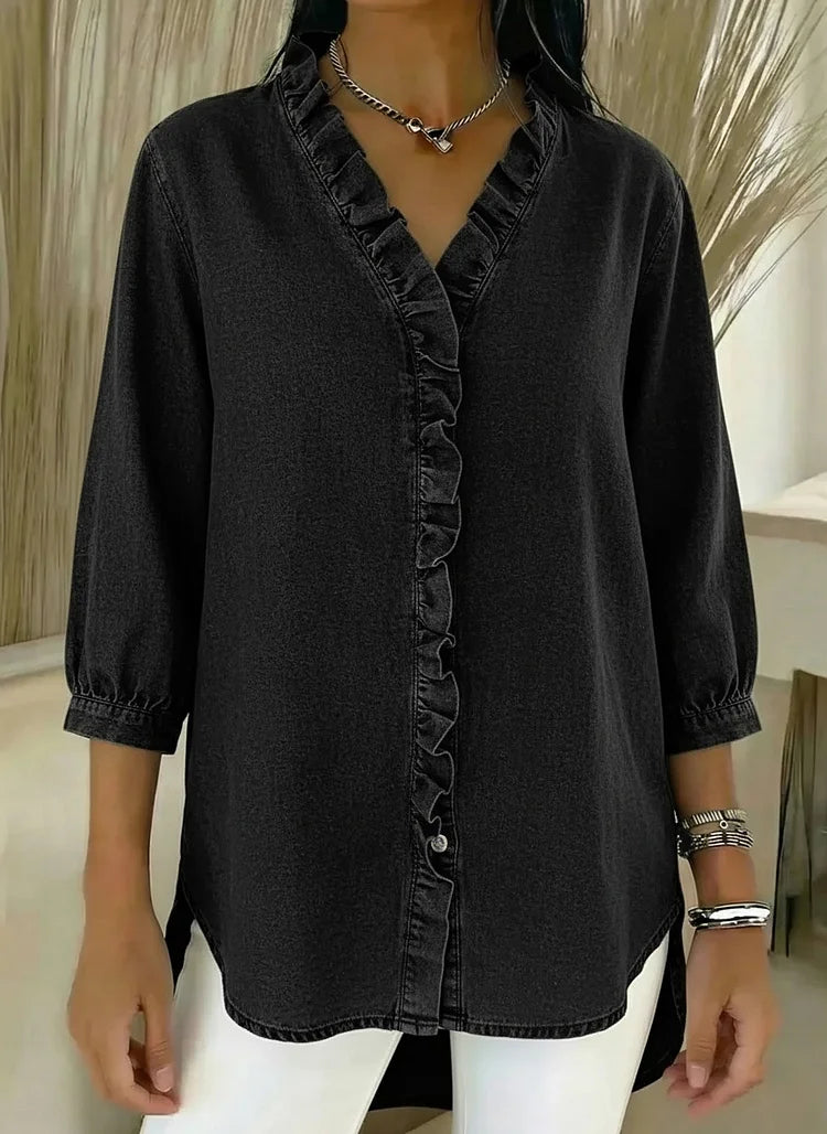 Lillian | Modern Ruffle Mid Sleeve Blouse — Black — Alfa Empire, view 3
