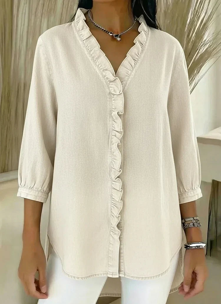 Lillian | Modern Ruffle Mid Sleeve Blouse — Beige — Alfa Empire, view 4