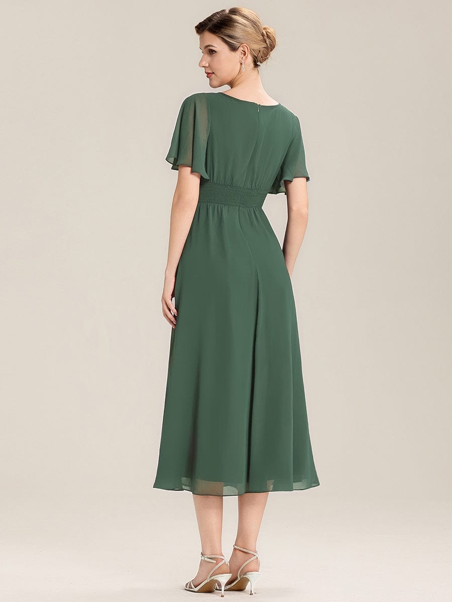 Chiffon Pleated Ruffle Sleeve Wedding Guest Dress