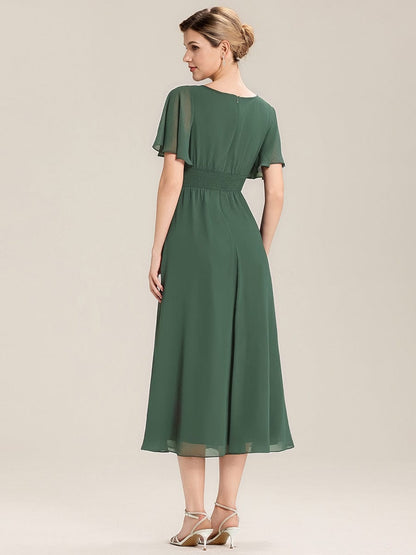 Chiffon Pleated Ruffle Sleeve Wedding Guest Dress